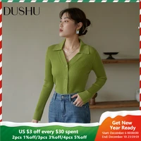 dushu woman sweater pure color soft waxy v neck knitted cardigan women fall new slimming bottoming shirt vintage casual cardigan