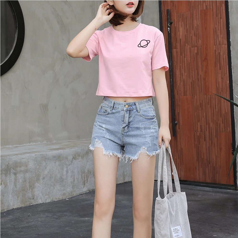 Кроп-Топ женский с принтом планеты пикантная Повседневная хлопковая Футболка