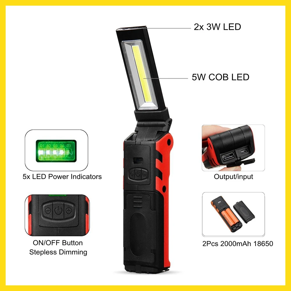 저렴한 USB 충전식 COB LED 작업 빛 디 밍이 가능한 손전등 자기 검사 램프 후크 보조베터리 2000mAh 18650 배터리