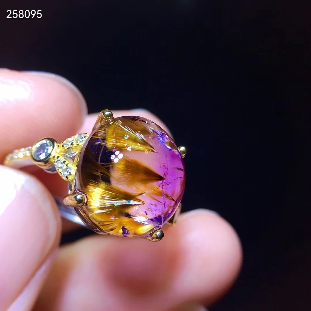 

Natural Cacoxenite Red Purple Rutilated Adjustable Ring Women 11.8/11.2mm Purple Rutilated Quartz Water Drop AAAAAA Genuine