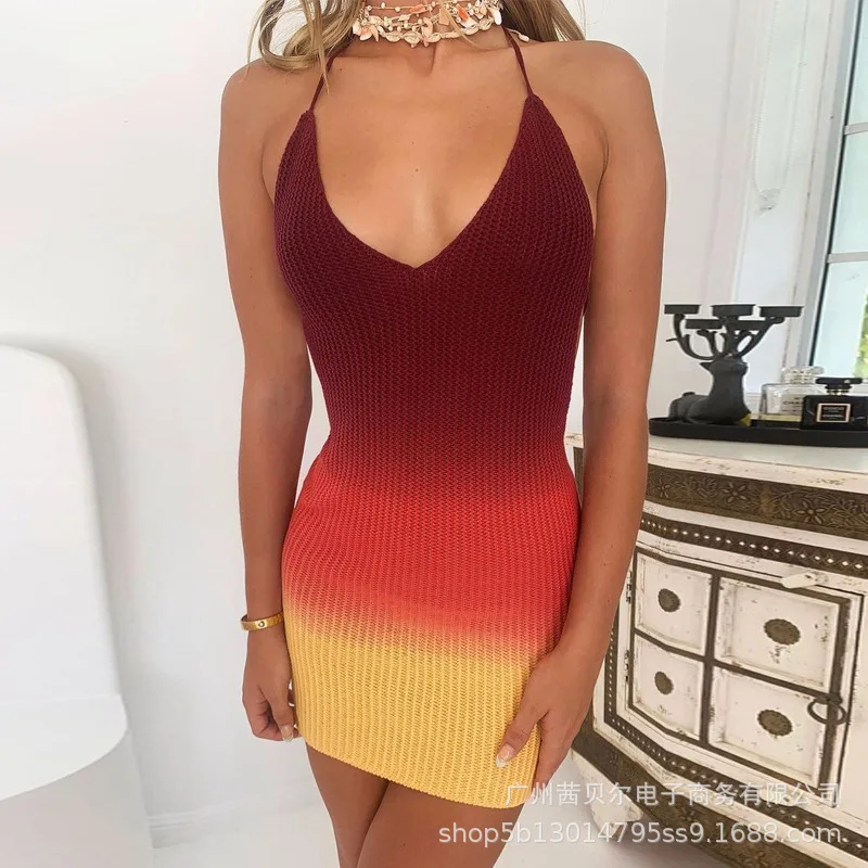 

WEPBEL Spaghetti Strap Dress Women's Casual Gradient Color Slim Dress Summer Sexy V-neck High Waist Backless Dress