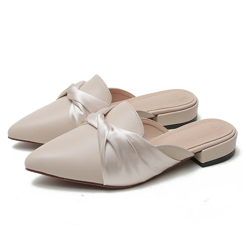 

Women Slippers Fashion Mules French Elegant Bowknot Design 2021 Low Heel Slip on Leisure Ladies Office Shoes Beige External Wear