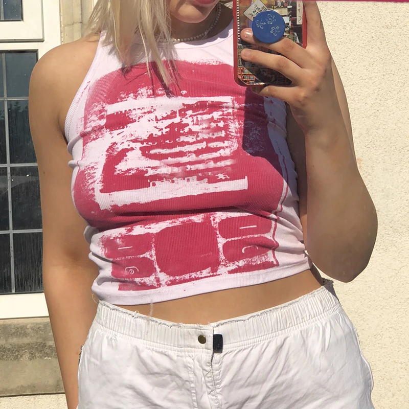 

Hand-Painted Print Y2k Crop Tank Top For Girls Summer Clothes Women Fashion Chic 2021Casual Shirt Sleeveless Tee Vest Pullover