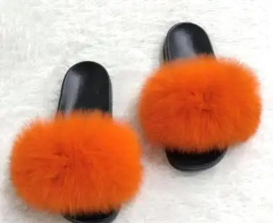 Orange Женские модные шлепанцы из натурального меха енота; женские шлепанцы; Летние вьетнамки; унисекс; повседневные Модные босоножки с лисьим мехом; модная плюшевая обувь - Цвет: Orange