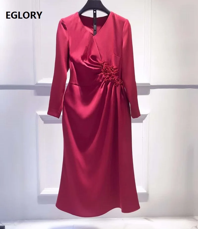 

XXL Dress Vestidos De Fiesta 2021 Spring Party Event Women V-Neck Hand Made Beading Long Sleeve Midi Red Pink Purple Black Dress