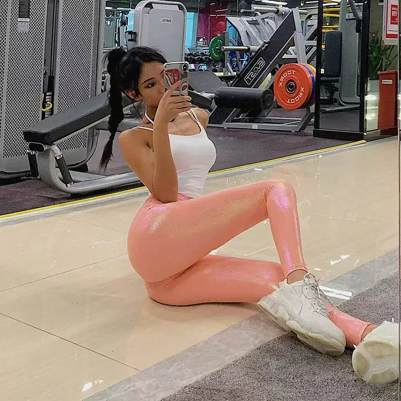 Peach Custom l Stretch Pearl Shiny Surface Sports Pants Tight-Fitting Hip Hip Fitness Pants Quick-Drying Breathable Yoga Pants