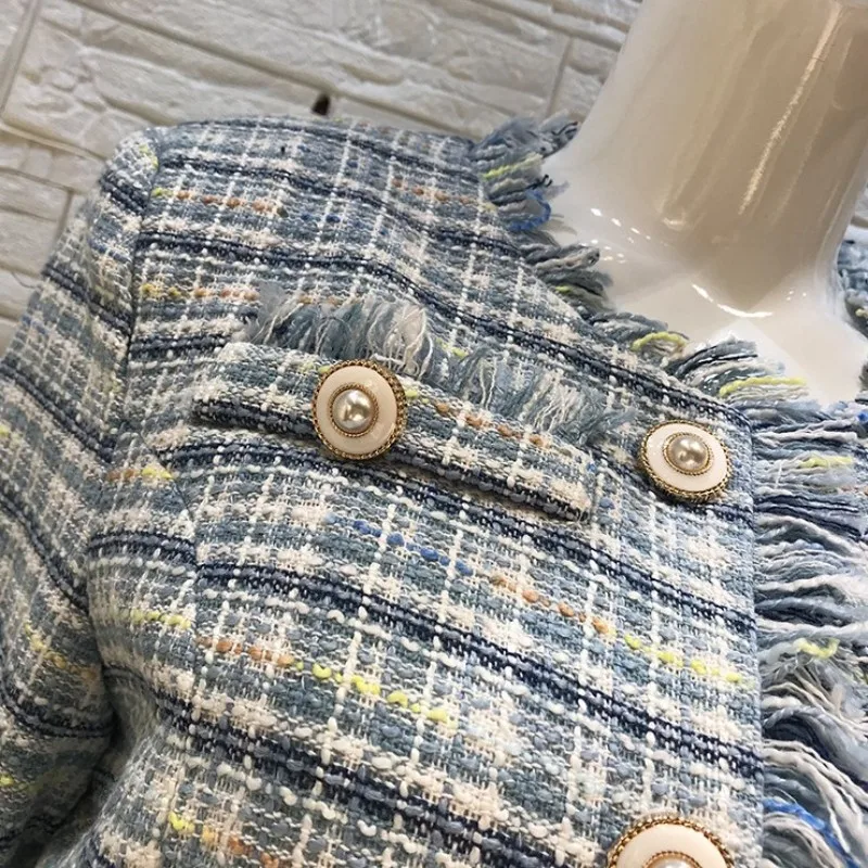 

Elegant Women Sleeveless Dress Tweed Jacket Two Piece Set Slim Fit Diamonds Tassels Office Ladies Suits Party Plaid Twill Sets