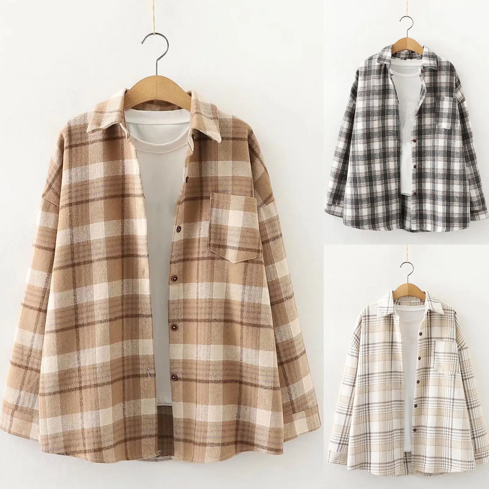 

Women's Autumn Jacket Long Sleeve Single-breasted Lapel Cardigan Shirt Fashion Button Lattice Coat Jackets for Woman 2021 casaco