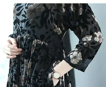 Женское бархатное платье с высокой талией Элегантное Черное длинное цветочным