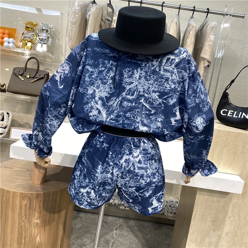 

Brand Original Design 2021 Cool Fashion Animal Print Long Sleeve Lapel Casual Shirt+loose High Waist Wide Leg Shorts Suit