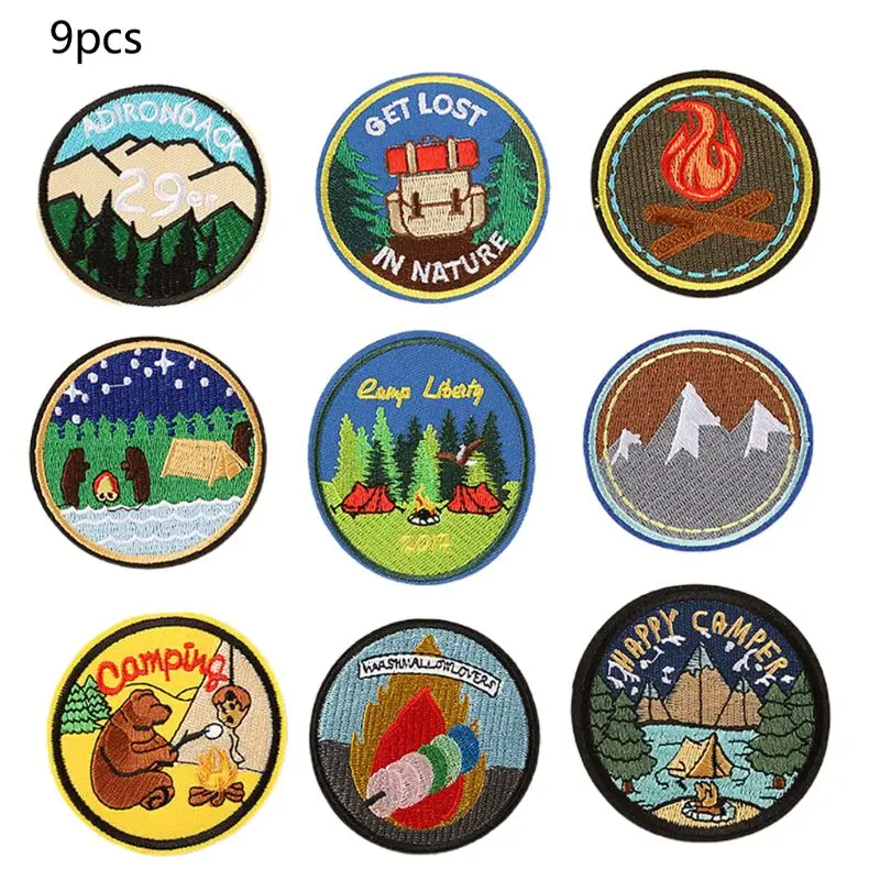 

9Pcs Round Sewing Patch Scenery Outdoor Animal Badge DIY Embroidered Appliques