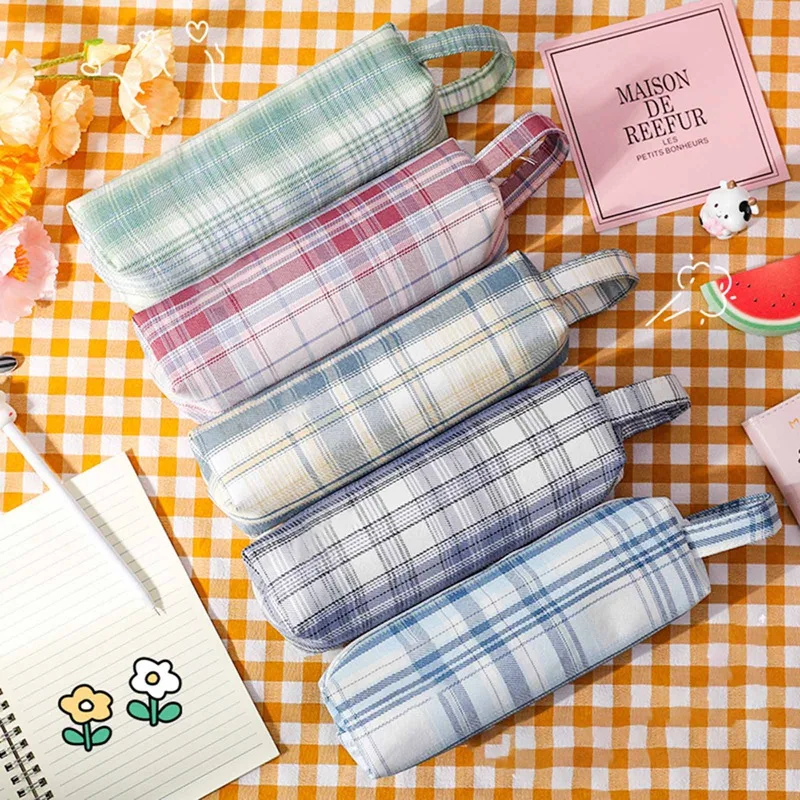 

Canvas Geometric Pencil Case Simple Striped Grid Small Cute Kawaii Pencil Bag Pouch With Handmade Zipper Office School Supplies
