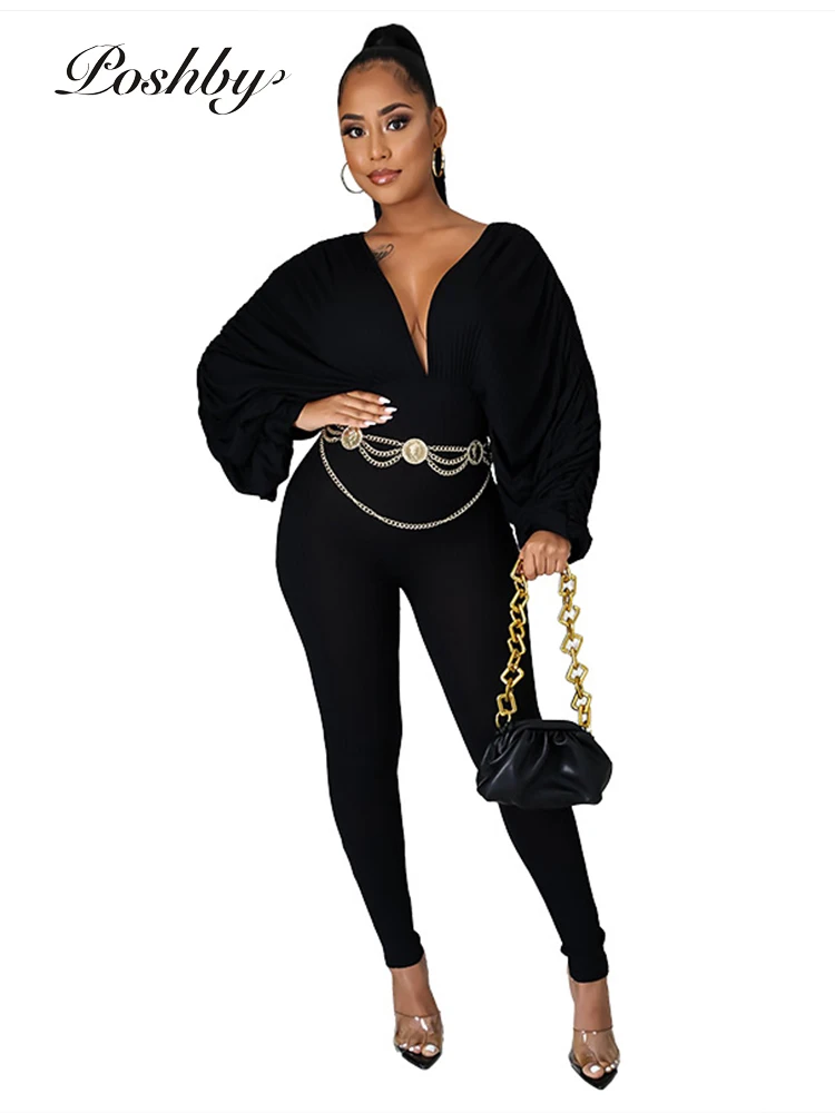 

Poshby 2020 Women Batwing Sleeve Sexy Pleated Deep V Neck Street Jumpsuits Stacked Sleeve Skinny Backless Ribbed Rompers Outfits