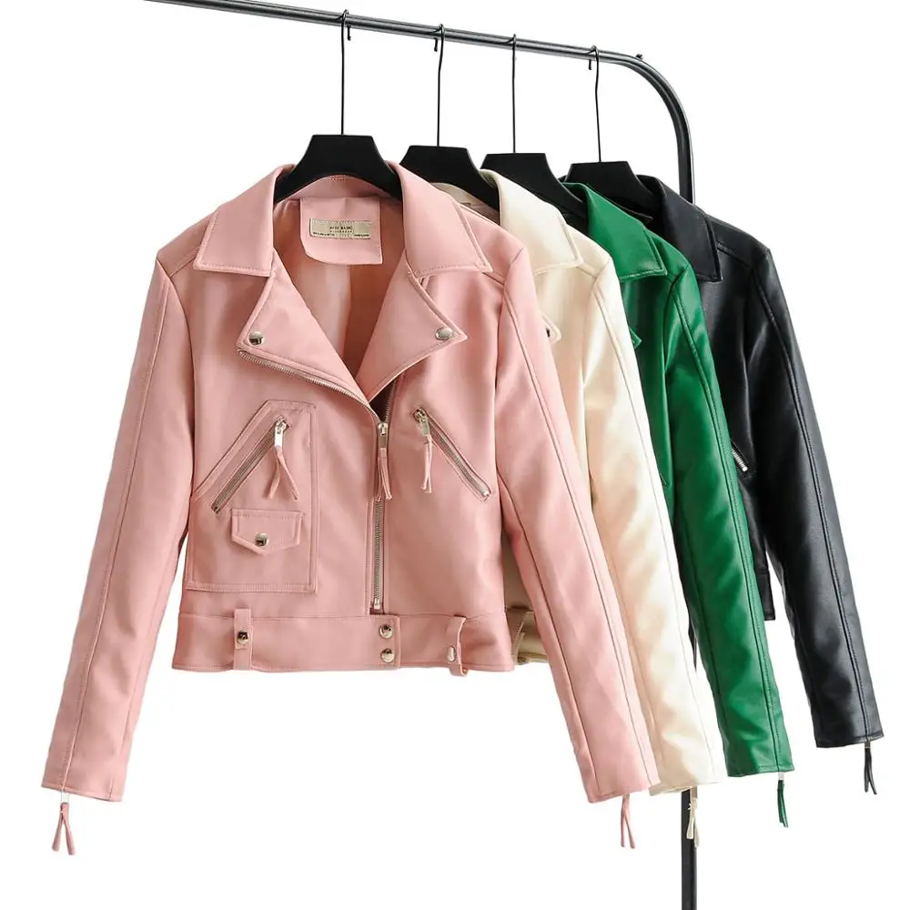 

2020 New Autumn Winter Women Green Faux Leather Jackets and Coats Female Long Sleeve PU Zippers Button Biker Punk Streetwear