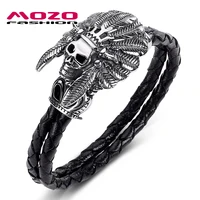 2020 men jewelry black genuine leather bracelet stainless steel punk indian skull exaggeration women bangles