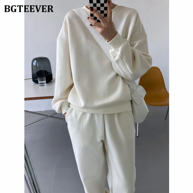 

BGTEEVER Autumn Winter Loose Thick Women Tracksuits O-neck Long Sleeve Sweatshirt & Drawstring Pants 2021 Female Trousers Suits