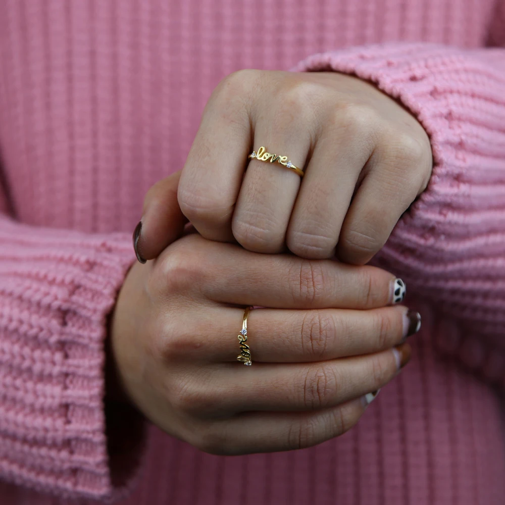 

Trendy 925 Sterling Silver Gold Color Letter Love Ring for Women Couple CZ Crystal Rings Luxury Brand Jewelry Wedding Gift Hot