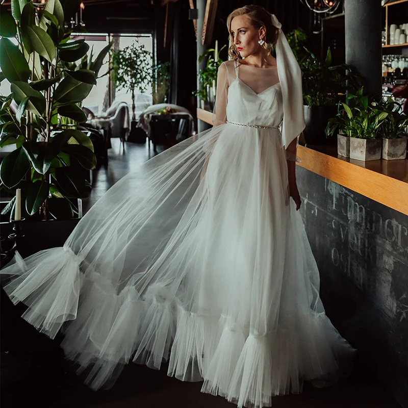 

Graceful Sheer Sleeve Boho Wedding Dress Beading A line Tulle Floor Length Bride Gown Backless Summer Beach Party Gowns