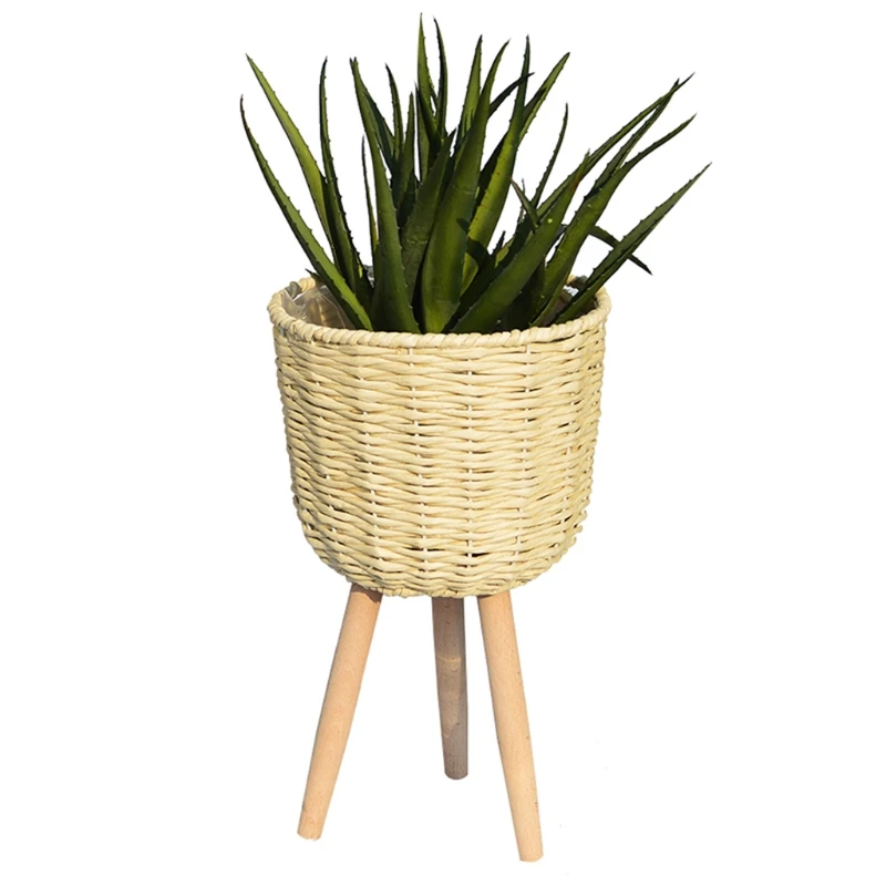 

Nordic Style Floor Woven Round Storage Basket with Wooden Legs Plant Pot Stand Holder Flowerpot Planter Organizer for Living