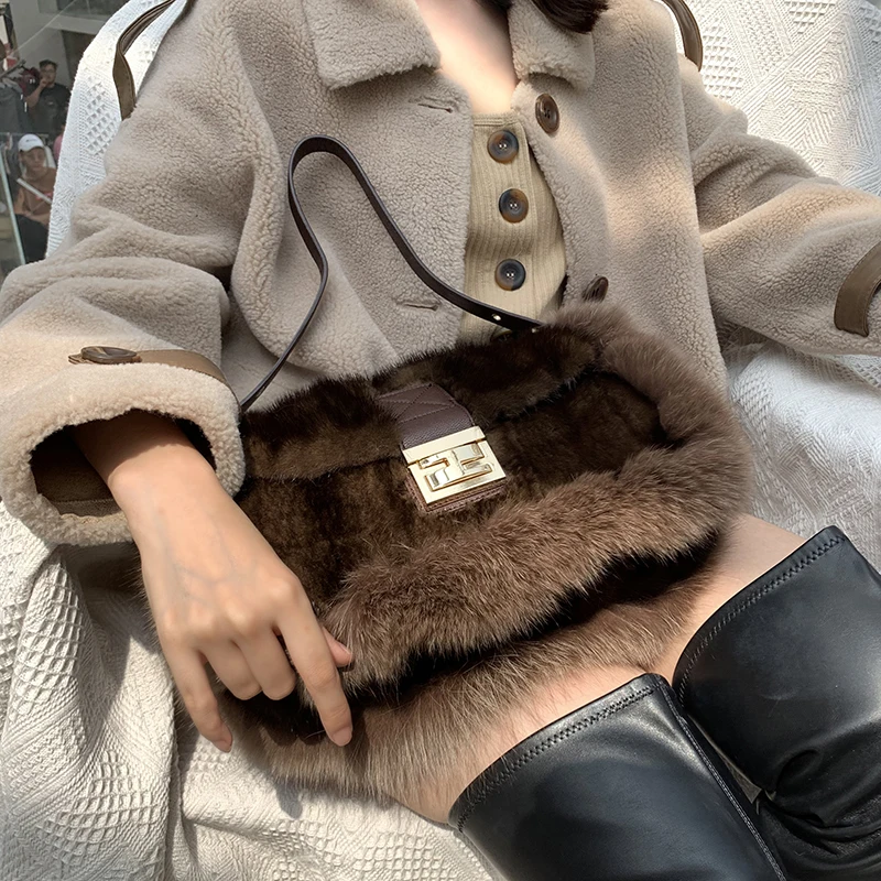 Новые женские сумки зимние из натурального меха лисы цепи сумка через плечо