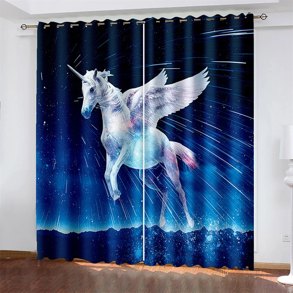 

3D Digital Printing Unicorn Room Decoration Woven Curtains for Bedroom Left and Right Biparting Open Blackout Curtains