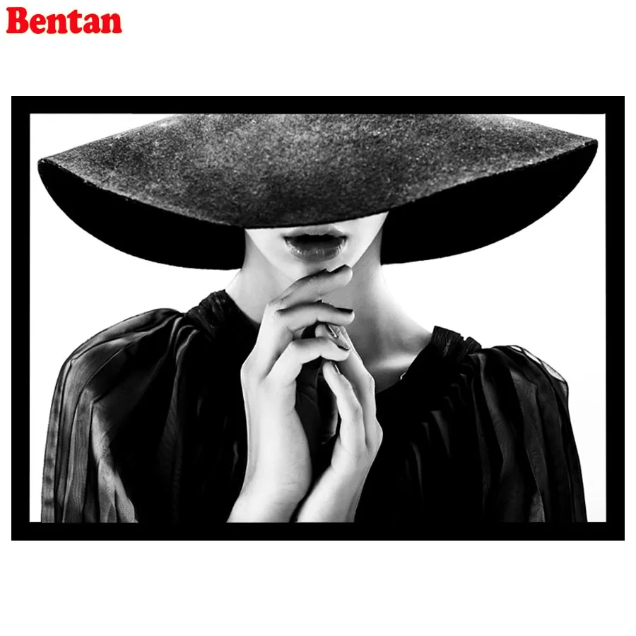 Полностью Квадратный бриллиант 5D картина черно белая девушка с шляпой молятся