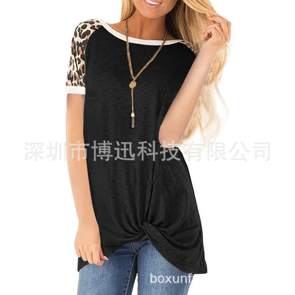 

New women's top round neck twisted leopard print short sleeve T-shirt