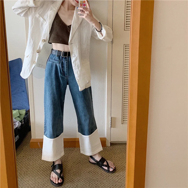 Контрастные однотонные простые джинсовые облегающие свободные прямые брюки с