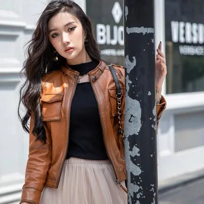 2021 Women  New Fashion Genuine Real Sheep Leather Jacket G14