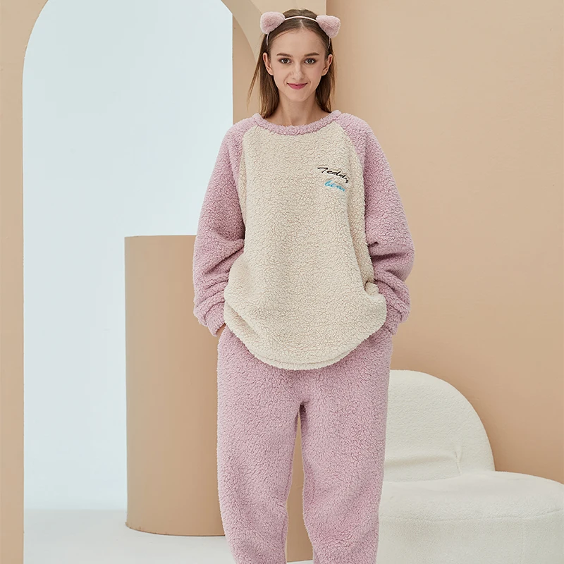 

ATUENDO Winter Warm Kawaii Flannel Pajama Sets for Women 100% Velvet Vintage Soft Sleepwear Atoff Home Fashion Plush Nightwear
