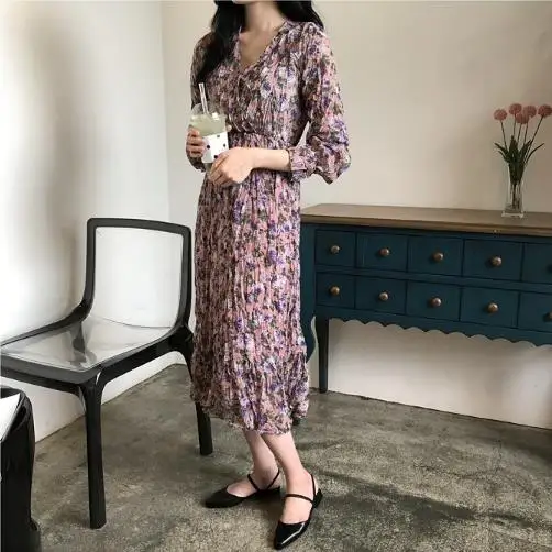 Женское винтажное платье-рубашка с оборками фиолетовое ТРАПЕЦИЕВИДНОЕ