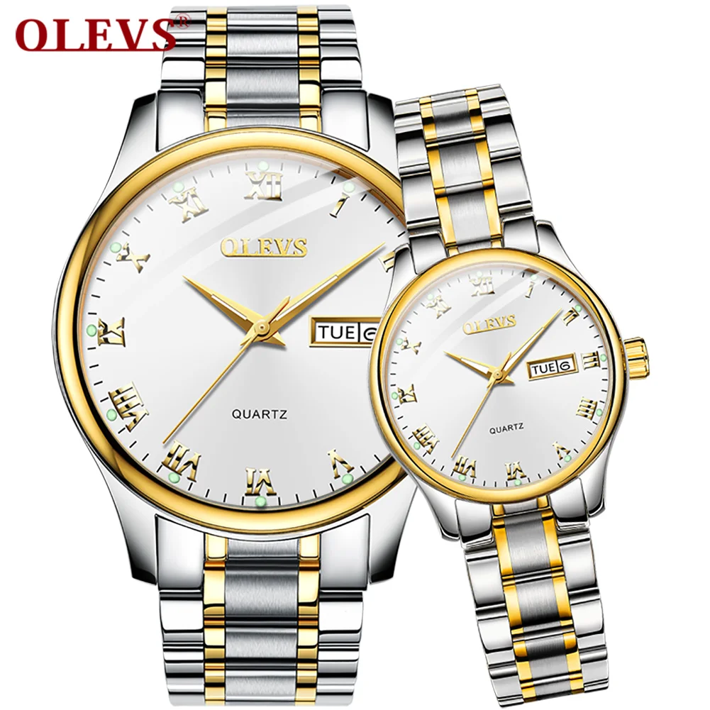 

Роскошные парные кварцевые наручные часы OLEVS для женщин и мужчин, белый, черный циферблат, водонепроницаемость 30 м, ремешок из нержавеющей с...