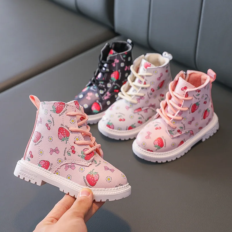 New Strawberry Cute Children's Boots Girls Leather Martin Boots Plush Fashion Non-slip Warm Children's Boots Shoes Girl Shoes