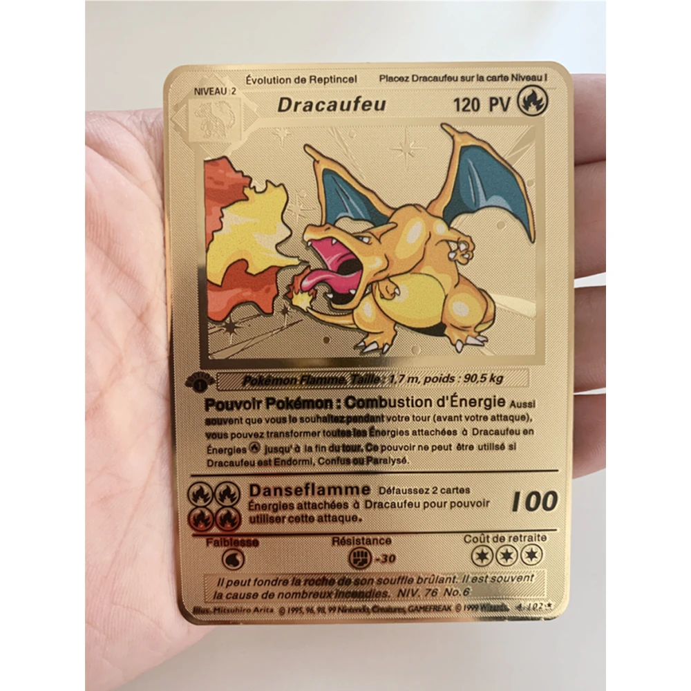 Juego de cartas de Metal de Pok&eacute;mon PV, juguete de oro brillante franc&eacute;s, drag&oacute;n de Respiraci&oacute;n de fuego, doble A La Carta, regalo de Navidad, nuevo, 2021-1