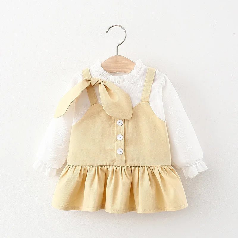 

Autumn Baby Girl Bow Clothes Sweet Long Sleeve Princess Dress Cute Kids Solid Color Baby Girl Ruffles Clothing Lovely Outfits