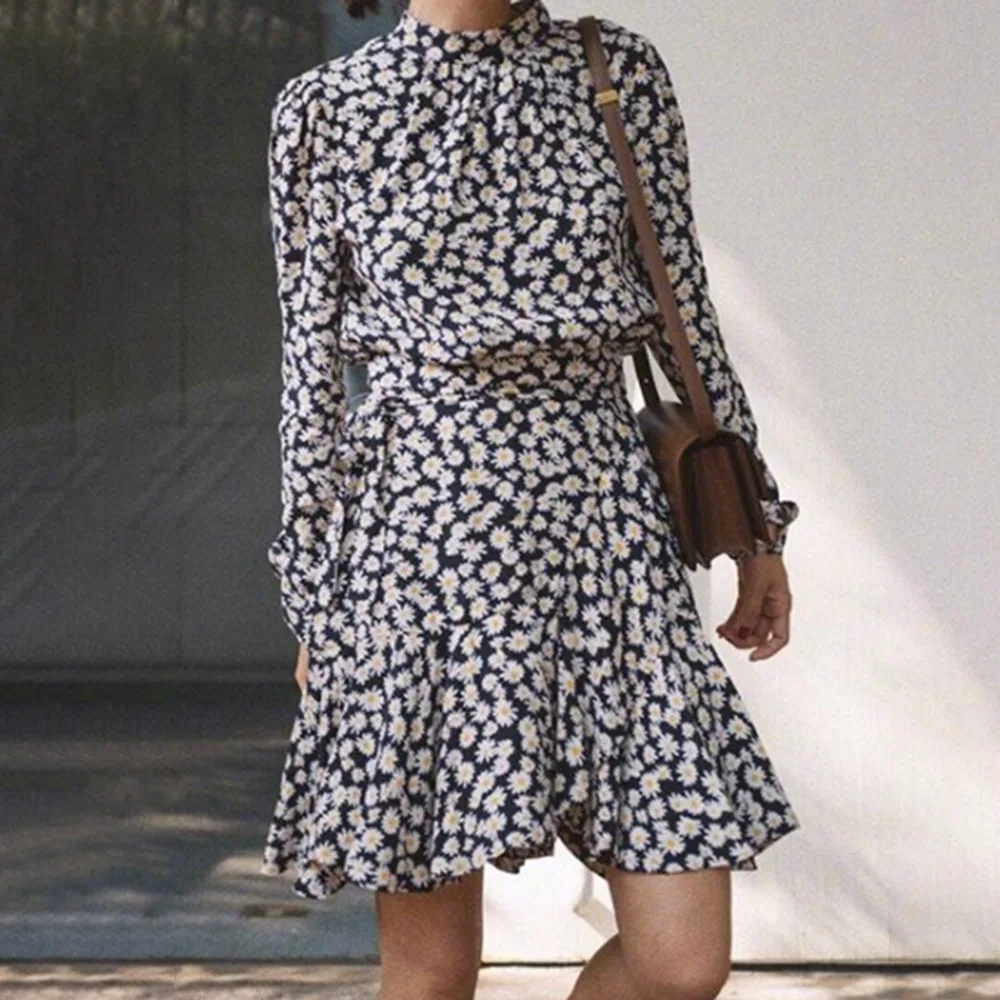 

Autumn Casual Dress Vintage Sweet Floral Print High Waist Women Streetwear Young Ladie Fashion Long Sleeve Mini Dresses Fall
