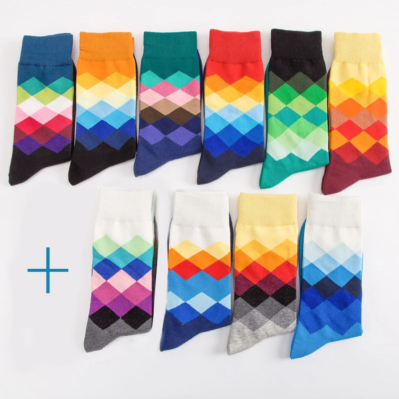 10 пар в комплекте Для мужчин Смешные счастливые носки тонкие пункт ромба