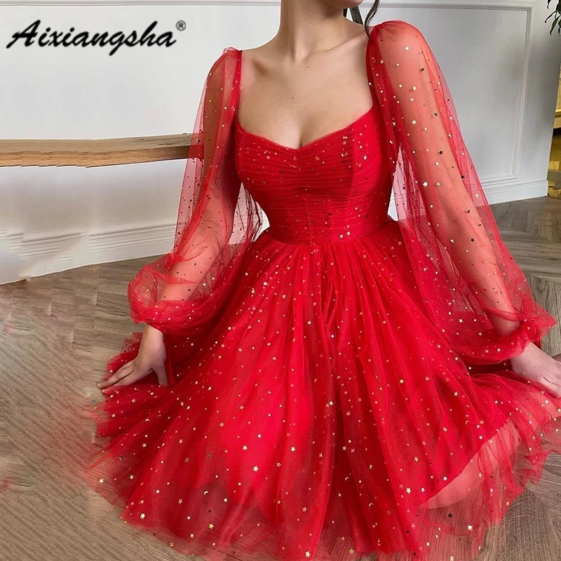 

Aixiangsha Red Evening Dresses Square Collar Puffy Full Sleeve Robe De Soiree Jlittering Dotted Tulle Charming Gowns