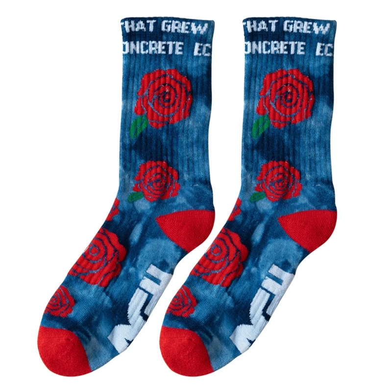

Men Women Rose Flower Tie-Dye Print Crew Socks Winter Warm Terry Bottom Hip Hop Skateboard Cotton Hosiery Stockings