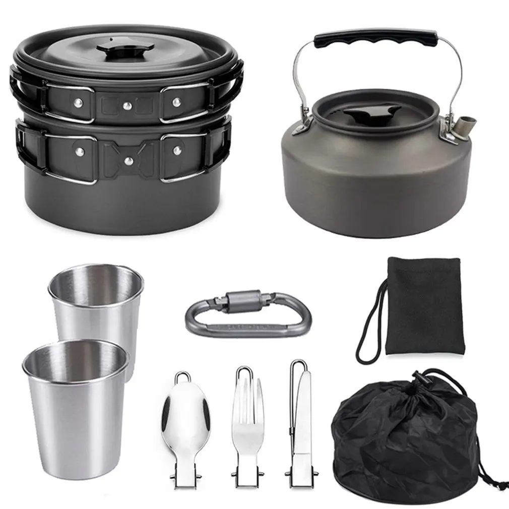 

1Set Outdoor Pots Pans Camping Cookware Picnic Cooking Set Non-Stick Tableware with Stove Spoon Fork Knife Kettle for 2-3 Person
