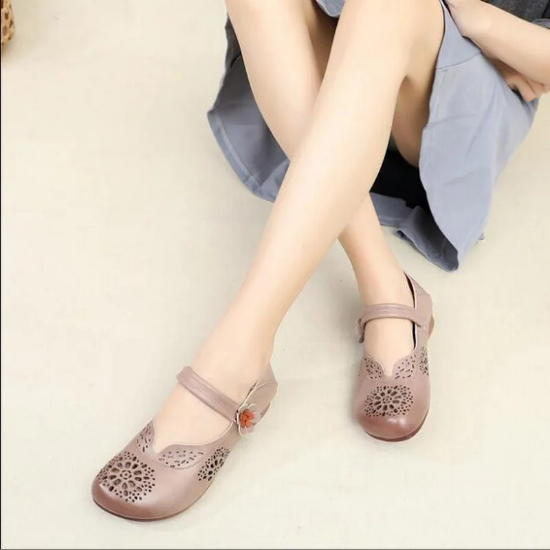 2021 New Genuine Leather Summer Shoes Woman Flats Hollow Breathable Casual Flat Shoes Comfortable Women Shoes Sandal