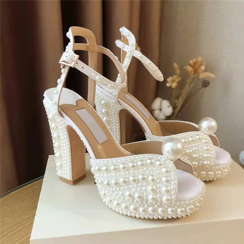 

Pearl Design Luxury Brand Ladies Shoes and Sandals Peep Toe Extreme High Heels Platform Shoes Fashion White Wedding Shoes Woman