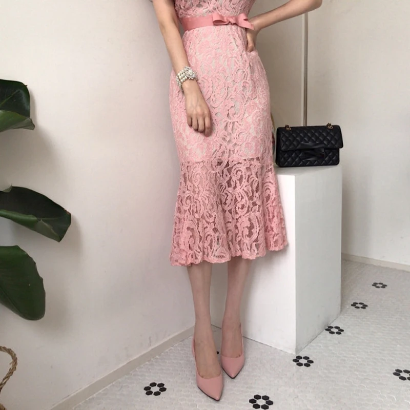 

New One-Piece Korean Fashion Women'S Dress 2021 Summer Elegant O Neck Lace Crochet Design Short-Sleeved Fishtail Dress Female