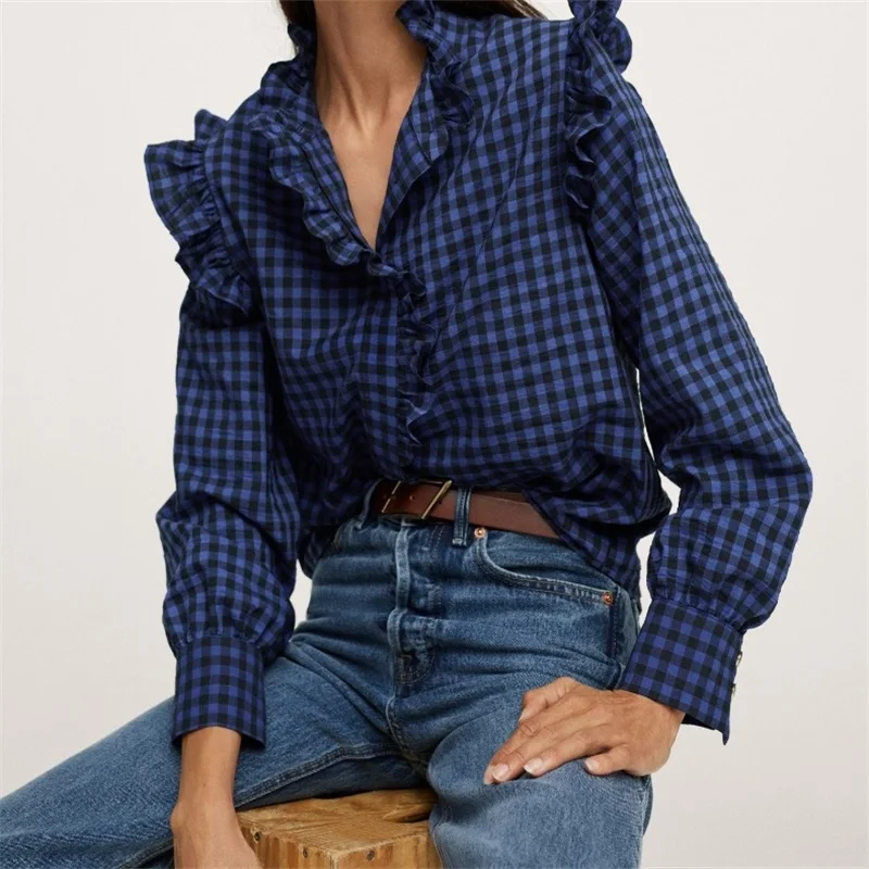 

ZXQJ Women 2021 Fashion With Ruffled Trim Plaid Blouses Vintage Long Sleeve Button-up Female Shirts Blusas Chic Tops