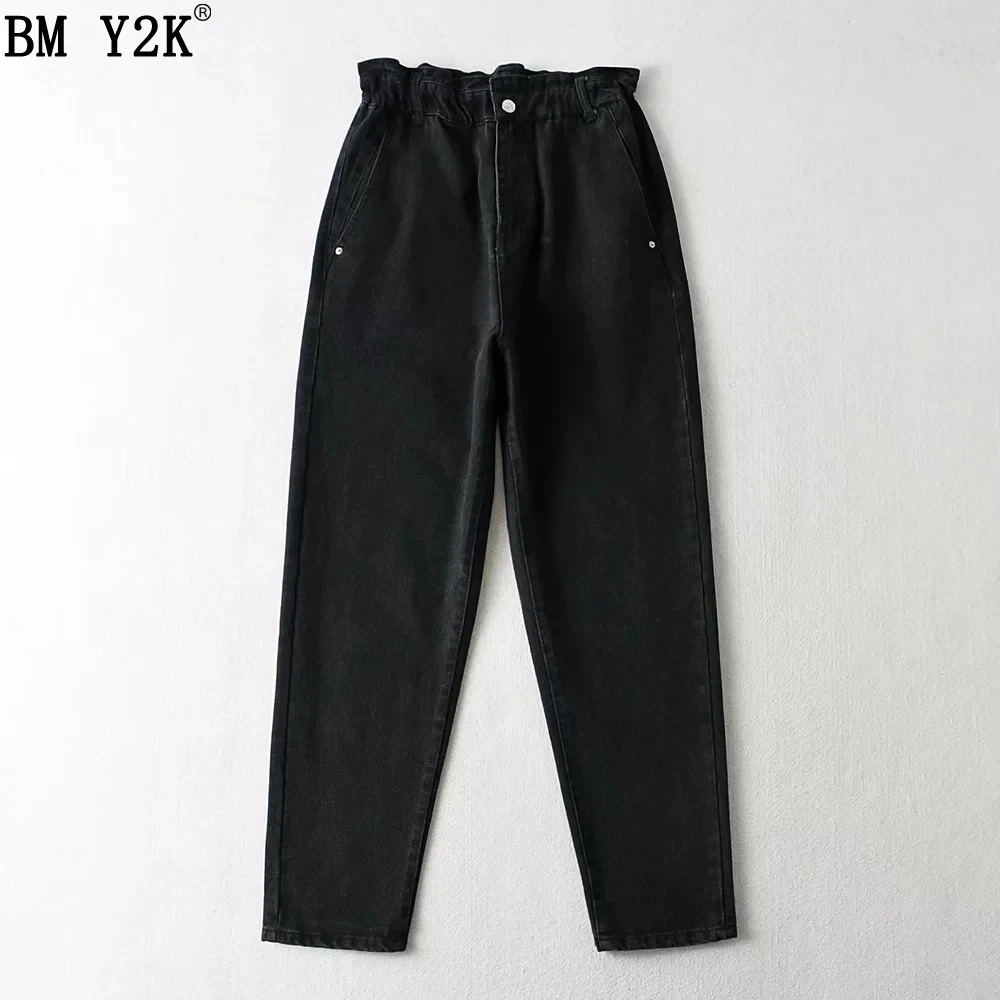 

BM Y2K jeans women baggy paperbag jeans female high-waist jeans with an elastic waistband and gathering vintage women's pants