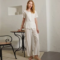 wasteheart new white sexy women cotton lace o neck sleep nightwear suits night pajama sets sleepwear 2 pieces long homewear