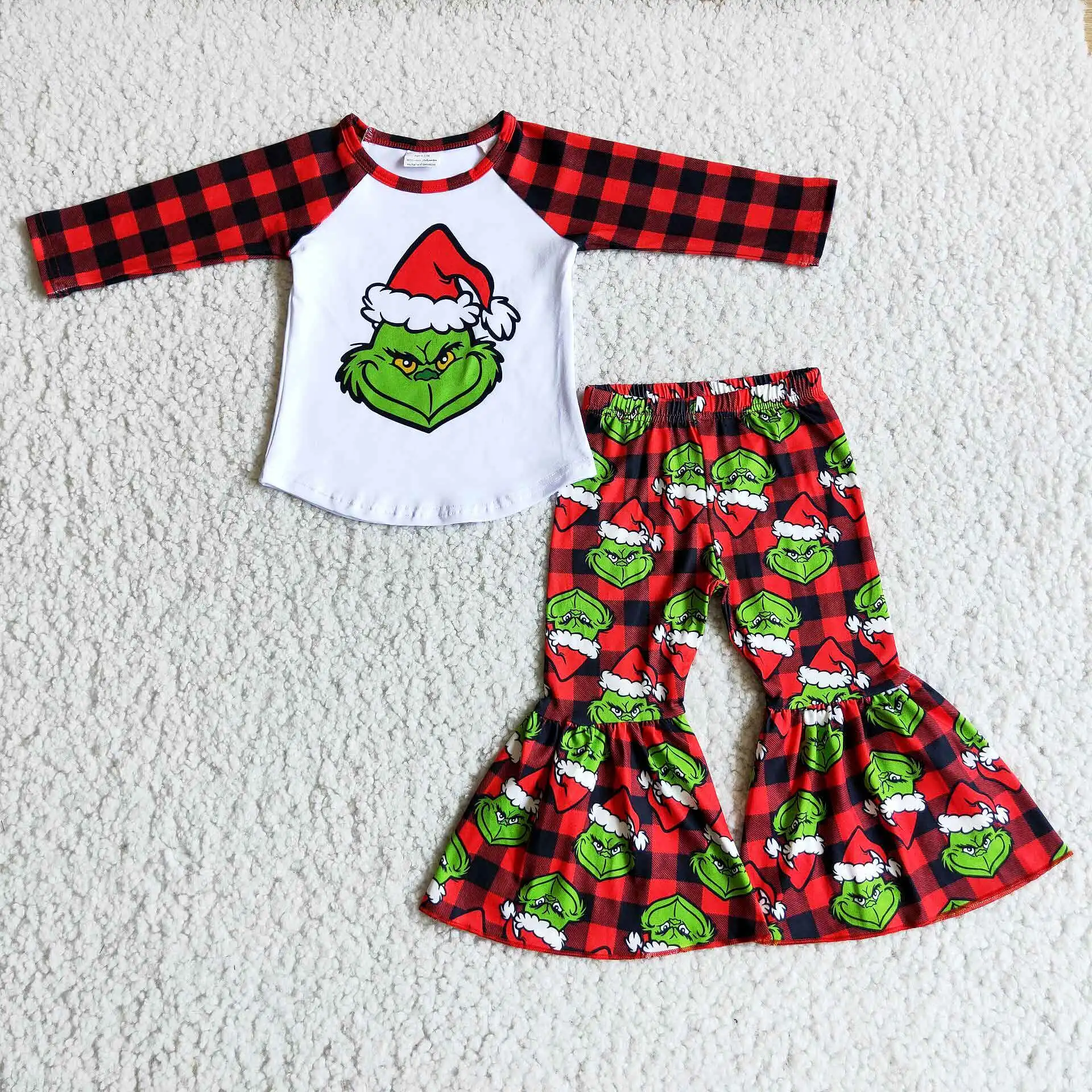 

Autumn Winter Christmas Red Plaid Patchwork Top And Printed Flared Pants Kids Clothes