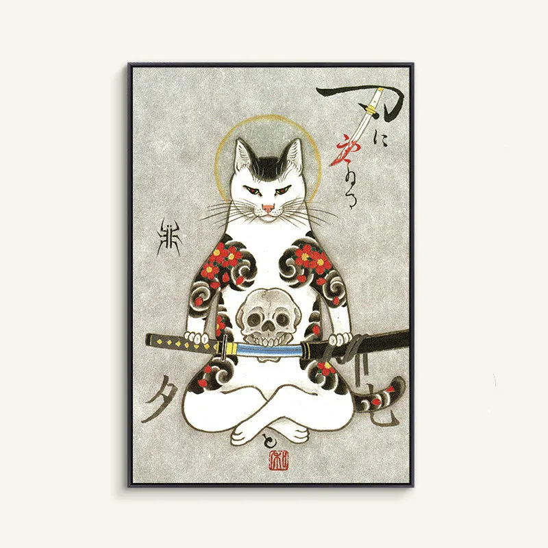 Картина самурайская кошка в японском стиле крутая на холсте декоративная