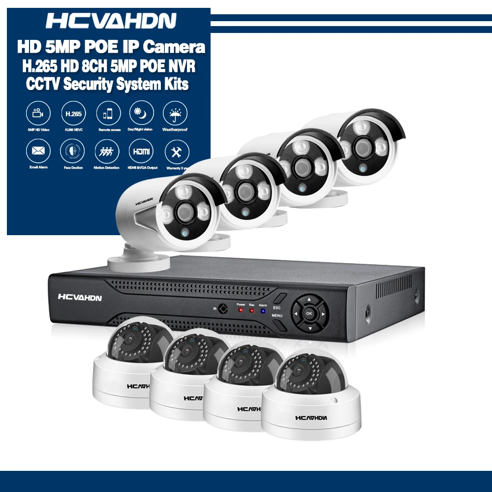 HCVAHDN 8CH 5MP POE NVR Xmeye CCTV система 4.0MP Крытый Открытый PoE IP камера ИК Ночное Видение