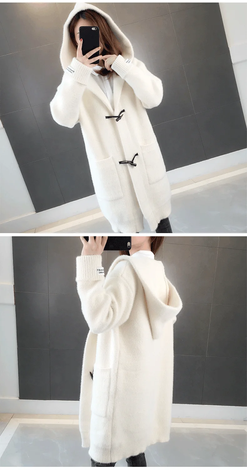 Autumn new imitation water jacket jacket female long section horn buckle solid color long sleeve ladies sweater knit
